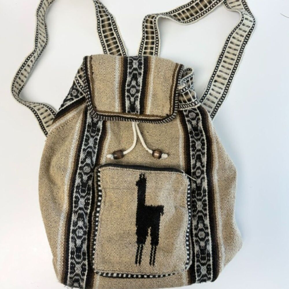 Peruvian Woven Llama Backpack Boho Southwestern Drawstring Lined